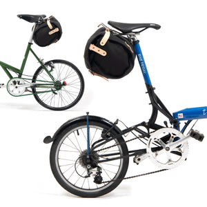 Frost and Sekers Otis saddle bag and quick-release micro rack mounted to various folding bikes with standard seat posts.
