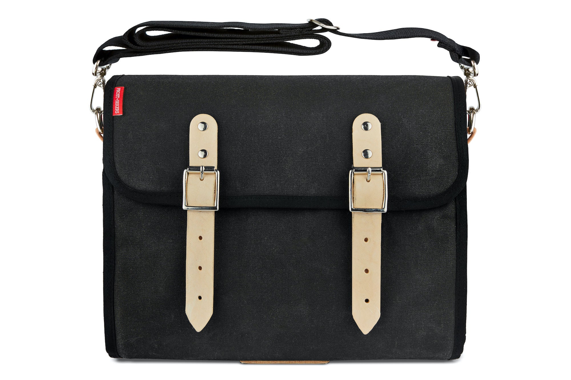 Frost and Sekers Marvin saddle bag. Black canvas with tan leather.