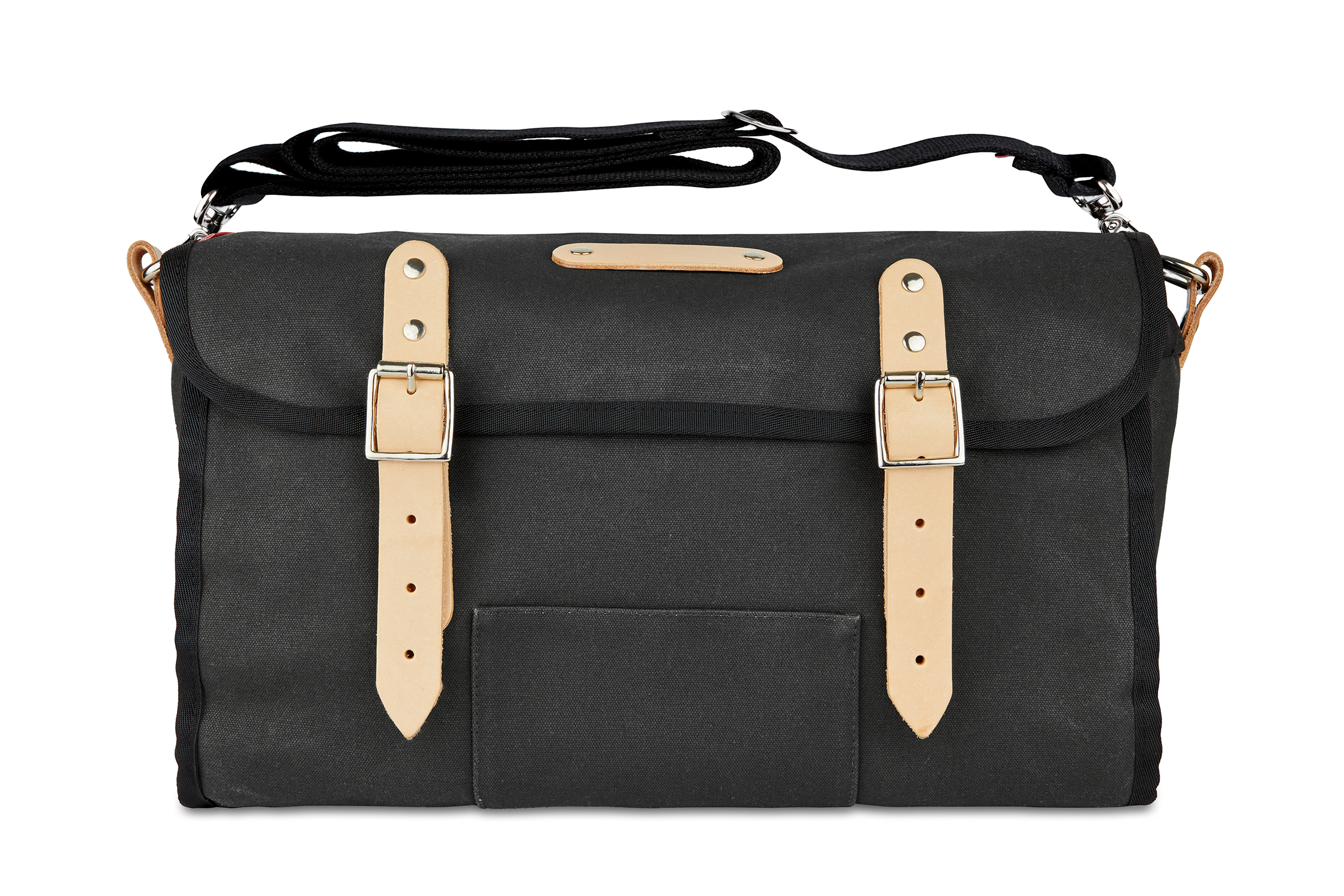 Frost and Sekers Otis saddle bag. Black canvas with tan leather.